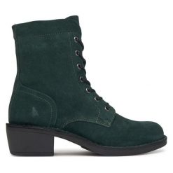 Botki Fly London. Zielone botki damskie Fly London, bez obcasa, na słupku, bez zapięcia. Za 749.99 zł.