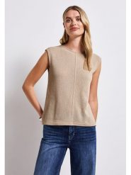 Street One Top dzianinowy w kolorze beżowym rozmiar: 42. Brązowe topy damskie Street One, bez wzorów, z dzianiny, bez kołnierzyka. Za 122.96 zł.