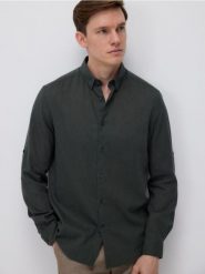 Koszula regular z lnem - ciemnozielony. Zielone koszule męskie Reserved, l, bez wzorów, z bawełny, bez kołnierzyka, bez ramiączek. Za 149.99 zł.