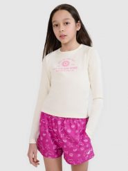 4F Longsleeve slim z nadrukiem dziewczęcy - biały 146 (10-11 lat). Białe koszulki dziewczęce 4f, m, bez wzorów, z bawełny, bez ramiączek. W wyprzedaży za 19.99 zł.