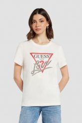 GUESS Biały t-shirt damski Love Tee. Białe t-shirty damskie Guess, s, z aplikacjami, bez kołnierzyka. W wyprzedaży za 110.99 zł.