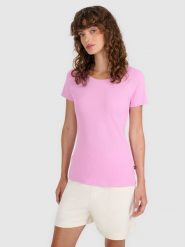 4F T-shirt regular z prążkowanej dzianiny damski - różowy L. Czerwone t-shirty damskie 4f, l, bez wzorów, z bawełny, bez kołnierzyka. W wyprzedaży za 39.99 zł.