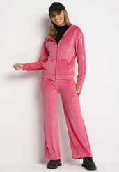 Fuksjowy Komplet Dresowy Welurowy z Ozdobnym Lampasem Spodnie Joggery i Bluza z Kapturem Jalrinna. Czerwone bluzy z kapturem damskie Born2be, m, z dresówki. Za 79.99 zł.