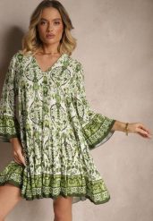 Zielona Sukienka z Wiskozą o Rozkloszowanym Kroju w Etniczny Print Aledia. Zielone sukienki damskie Renee, na co dzień, na lato, l, bez wzorów, z materiału, bez kołnierzyka, bez ramiączek, mini, proste. W wyprzedaży za 90.99 zł.