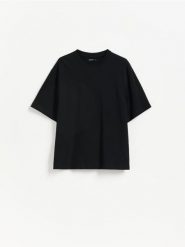 Bawełniany t-shirt - czarny. Czarne t-shirty damskie Reserved, l, bez wzorów, z bawełny, bez kołnierzyka. Za 39.99 zł.