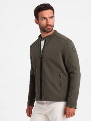 Kurtka męska o kroju biker ze strukturalnego materiału – ciemnooliwkowa V1. Zielone kurtki męskie Ombre Clothing, m, bez wzorów, eleganckie, bez kaptura. W wyprzedaży za 79.99 zł.