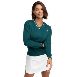Damski sweter golfowy z dzianiny z dekoltem w serek Siroko Gimme Teal. Zielone golfy damskie SIROKO, bez wzorów, z dzianiny, bez ramiączek. Za 211.00 zł.