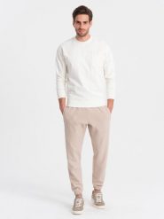 Spodnie męskie dresowe CARROT ze strukturalnej dzianiny - beżowe V2 OM-PASK-0143 - XXL. Brązowe spodnie dresowe męskie Ombre Clothing, bez wzorów, z bawełny. W wyprzedaży za 69.99 zł.