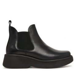 Sztyblety Fly London. Czarne botki damskie Fly London, bez obcasa, na płaskiej podeszwie, bez zapięcia. Za 639.99 zł.