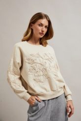 Bluza z aplikacją beżowa. Brązowe bluzy bez kaptura damskie MOODO, s, z bawełny. W wyprzedaży za 79.99 zł.