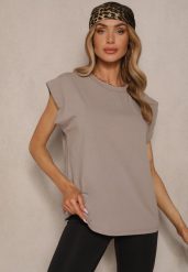 Brązowy Top z Bawełny Ozdobiony Falbanką Galanetia. Brązowe topy damskie Renee, bez wzorów, z bawełny, bez kołnierzyka. Za 44.99 zł.
