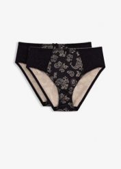 Figi z wysokim stanem z delikatną koronką (2 szt.). Czarne figi damskie bonprix, bez wzorów, z koronki. Za 77.99 zł.