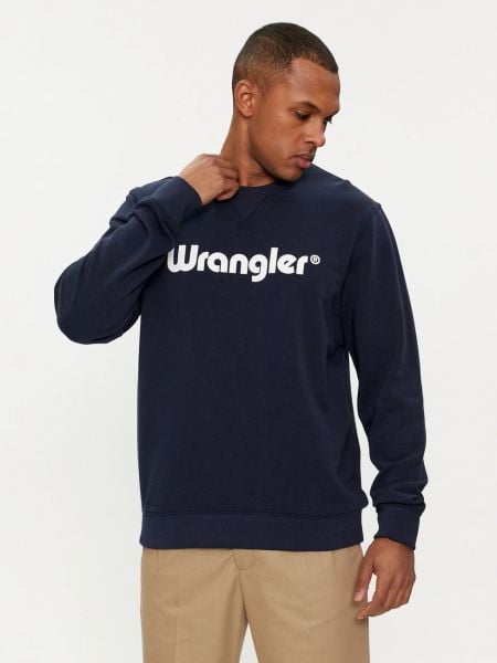 MESKA BLUZA WRANGLER LOGO CREW SWEAT NAVY 112350539. Niebieskie bluzy bez kaptura męskie Wrangler, m. Za 169.99 zł.