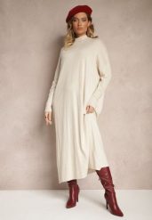 Biała Pudełkowa Sukienka Sweterkowa z Wiskozą i Golfem Rinnine. Białe sukienki damskie Renee, na co dzień, bez wzorów, z wiskozy, eleganckie, bez kołnierzyka, bez ramiączek, maxi. Za 84.99 zł.