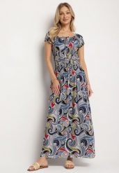 Granatowa Bawełniana Sukienka z Abstrakcyjnym Wzorem i Gumką w Pasie Orralisa. Niebieskie sukienki damskie Born2be, na co dzień, l, bez wzorów, z bawełny, eleganckie, bez kołnierzyka, bez ramiączek, midi, proste. W wyprzedaży za 51.99 zł.