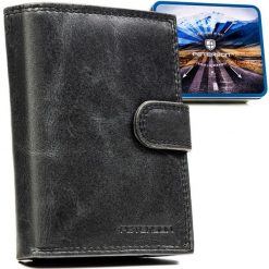 Pionowy portfel męski ze skóry naturalnej w czarnym kolorze zamykany na zatrzask - Peterson. Czarne portfele męskie Peterson, bez wzorów, ze skóry. Za 79.99 zł.