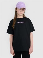4F T-shirt oversize z nadrukiem dziewczęcy - czarny 140 (9-10 lat). Czarne koszulki dziewczęce 4f, m, bez wzorów, z bawełny, bez ramiączek. W wyprzedaży za 29.99 zł.