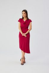 Elegancka asymetryczna sukienka z dekoltem woda śliwka. Sukienki damskie Stylove, l, bez wzorów, eleganckie, z asymetrycznym kołnierzem, bez ramiączek, asymetryczne. Za 339.00 zł.