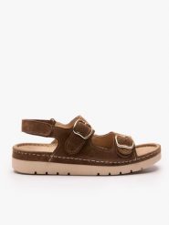 Brązowe sandały z dwoma paskami na rzep. Brązowe sandały damskie Ryłko, bez wzorów, ze skóry, bez obcasa, na obcasie. Za 429.99 zł.