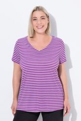 Damskie Koszulka funkcyjna prążkowanie klasyczny krój dekolt w serek rękaw 1/2. Fioletowe t-shirty damskie Ulla Popken, plus size, bez wzorów, z bawełny, bez kołnierzyka. Za 159.99 zł.