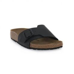Klapki damskie Birkenstock Catalina. Czarne klapki damskie Birkenstock, bez wzorów, z materiału, bez obcasa. Za 499.00 zł.