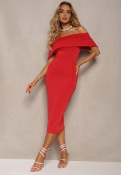 Czerwona Elegancka Sukienka Koktajlowa Hiszpanka o Dopasowanym Kroju Nuelia. Czerwone sukienki damskie Renee, na lato, l, bez wzorów, z dzianiny, eleganckie, bez kołnierzyka, bez ramiączek, midi, dopasowane. W wyprzedaży za 111.99 zł.
