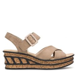 Sandały Rieker. Brązowe sandały damskie Rieker, bez wzorów, bez obcasa, na koturnie. Za 269.99 zł.