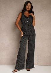 Czarny Komplet w Garniturowym Stylu Spodnie Wide Leg i Kamizelka Onirette. Czarne kamizelki damskie Renee, bez wzorów, eleganckie. Za 89.99 zł.
