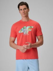 4F T-shirt regular z nadrukiem męski - koralowy S. Czerwone t-shirty męskie 4f, na lato, m, bez wzorów, z bawełny, bez kołnierzyka. Za 69.99 zł.