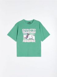 Bawełniana koszulka z motywem artystycznym - zielony. Zielone t-shirty damskie Sinsay, l, bez wzorów, z bawełny, bez kołnierzyka. Za 25.99 zł.