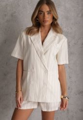 Beżowy Komplet z Wiskozą i Bawełną Szorty i Marynarka z Krótkim Rękawem Zaleria. Brązowe marynarki i żakiety damskie Renee, m, bez wzorów, z bawełny, casualowe. Za 329.99 zł.