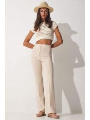 Happiness Istanbul Spodnie w kolorze kremowym rozmiar: 38. Brązowe spodnie materiałowe damskie Happiness Istanbul, bez wzorów, z materiału. Za 78.99 zł.