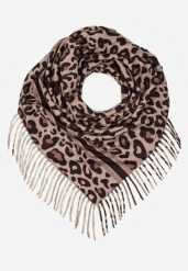 Brązowy Wiskozowy Szalik w Panterkę Wykończony Frędzlami Alefera. Brązowe szaliki i kominy damskie Renee, bez wzorów, z jeansu. Za 39.99 zł.