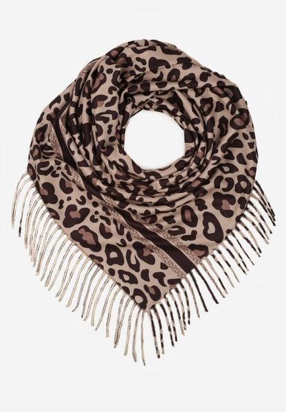 Brązowy Wiskozowy Szalik w Panterkę Wykończony Frędzlami Alefera. Brązowe szaliki i kominy damskie Renee, bez wzorów, z jeansu. Za 39.99 zł.