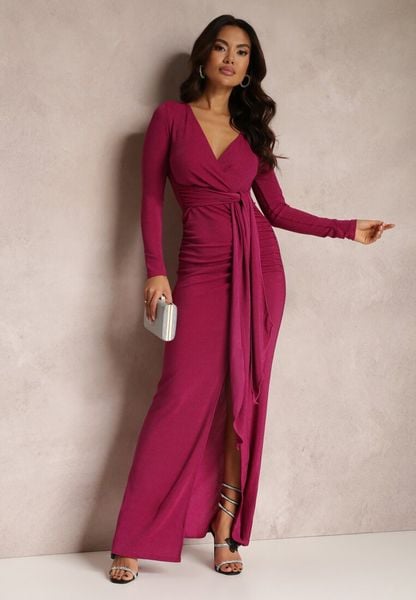 Różowa Sukienka z Kopertowym Dekoltem Błyszcząca z Marszczeniem Umoria. Czerwone sukienki damskie Renee, m, bez wzorów, z wiskozy, bez kołnierzyka, bez ramiączek, maxi, kopertowe. Za 89.99 zł.