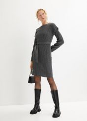 Sukienka dzianinowa z wiązanym paskiem. Szare sukienki damskie bonprix, bez wzorów, z dzianiny, bez kołnierzyka, bez ramiączek. Za 119.99 zł.
