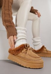 Brązowe Wsuwane Śniegowce w Rustykalnym Stylu z Kokardą i Futrem Tusora. Brązowe śniegowce damskie Born2be. Za 99.99 zł.