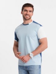 Męski t-shirt z elastanem z kolorowymi rękawami - niebieski V2 OM-TSCT-0176 - L. Niebieskie t-shirty męskie Ombre Clothing, l, bez wzorów, z bawełny, bez kołnierzyka. W wyprzedaży za 39.99 zł.