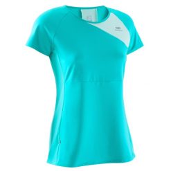 Koszulka do biegania krótki rękaw RUN DRY+ damska. Zielone t-shirty damskie KALENJI, l, bez wzorów, z bawełny, bez kołnierzyka. Za 29.99 zł.