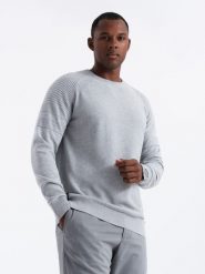 Sweter męski raglanowy z prążkowanymi rękawami – szary melanż V3 OM-SWSW-0144 - XXL. Szare swetry męskie Ombre Clothing, m, z aplikacjami, z bawełny, bez kołnierzyka. W wyprzedaży za 79.99 zł.