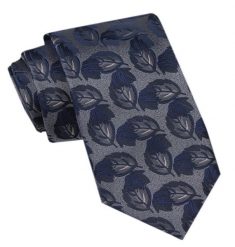 Modny Męski Krawat - Alties - Popielaty w Liście, Granatowe Akcenty. Niebieskie krawaty i muchy męskie Alties, bez wzorów, z tkaniny, eleganckie. Za 49.00 zł.