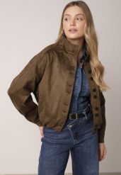 Ciemnobeżowa Kurtka w Stylu Bomberki z Ozdobnymi Guzikami Polimi. Brązowe kurtki damskie Born2be, l, bez wzorów, z jeansu, bez kaptura. Za 199.99 zł.