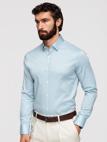 Klasyczna męska koszula SLIM FIT z satynowej tkaniny – niebieska V2 - Rozmiar: XXL. Niebieskie koszule męskie Ombre Clothing, m, bez wzorów, z bawełny, bez kołnierzyka, bez ramiączek. W wyprzedaży za 139.99 zł.