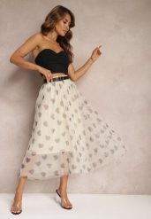 Beżowa Tiulowa Rozkloszowana Spódnica Plisowana z Aplikacjami Serc i Gumką w Pasie Missari. Brązowe spódniczki damskie Renee, l, z aplikacjami, z tiulu, eleganckie, midi, plisowane. Za 49.99 zł.