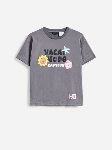 T-shirt Kapibara CapyFun - ciemnoszary. Szare koszulki dziewczęce Reserved, bez wzorów, z bawełny, bez ramiączek. Za 49.99 zł.