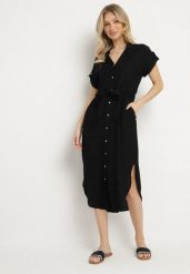 Czarna Wiskozowa Rozkloszowana Sukienka Koszulowa z Materiałowym Paskiem Katessae. Czarne sukienki damskie Born2be, na co dzień, na lato, l, bez wzorów, z materiału, eleganckie, bez kołnierzyka, bez ramiączek, midi, koszulowe. W wyprzedaży za 103.99 zł.
