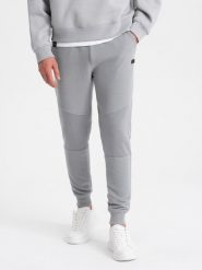 Męskie spodnie dresowe ze wstawkami z tkaniny ottoman - szare V5. Szare spodnie dresowe męskie Ombre Clothing, bez wzorów, z bawełny. W wyprzedaży za 69.99 zł.