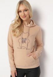 Beżowa Klasyczna Bluza z Polarem i Kapturem Wkładana Przez Głowę i Ozdobiona Nadrukiem Lettora. Brązowe bluzy z kapturem damskie Born2be, xl, z polaru. Za 84.99 zł.