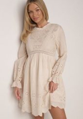 Beżowa Sukienka w Rustykalnym Stylu z Haftowanej Tkaniny z Bawełną Delogana. Brązowe sukienki damskie Born2be, na co dzień, l, w ażurowe wzory, z bawełny, eleganckie, bez kołnierzyka, bez ramiączek, mini, proste. Za 149.99 zł.