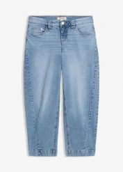 Jeansy o kroju barrel, średni stan, cropped. Niebieskie jeansy damskie bonprix. Za 147.99 zł.